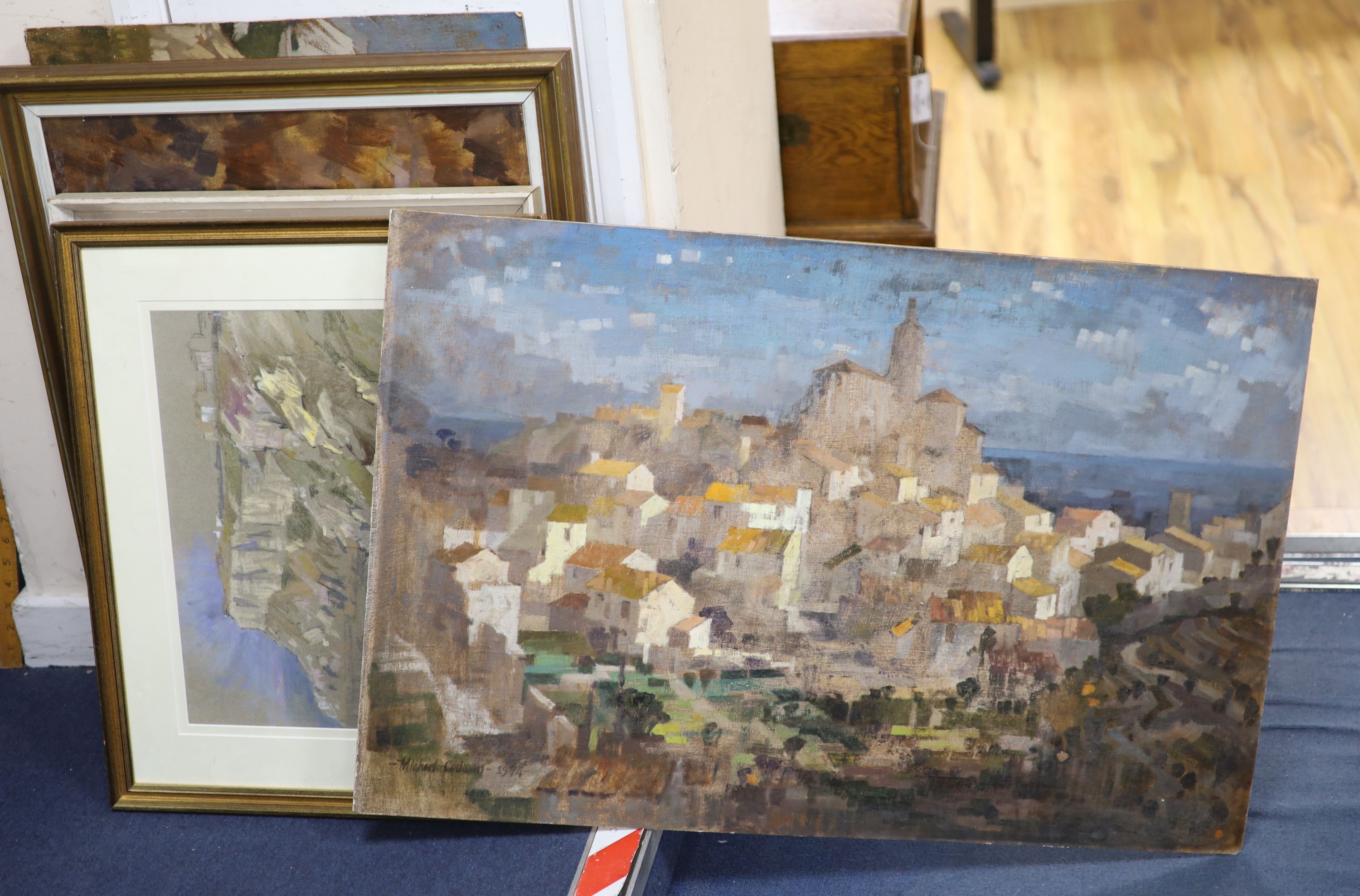 Michael Cadman (1920-2010), oil on board, Spanish hilltop town, signed and dated 1974, 60 x 90cm, unframed, together with four other oils, a pastel and a calendar by the artist